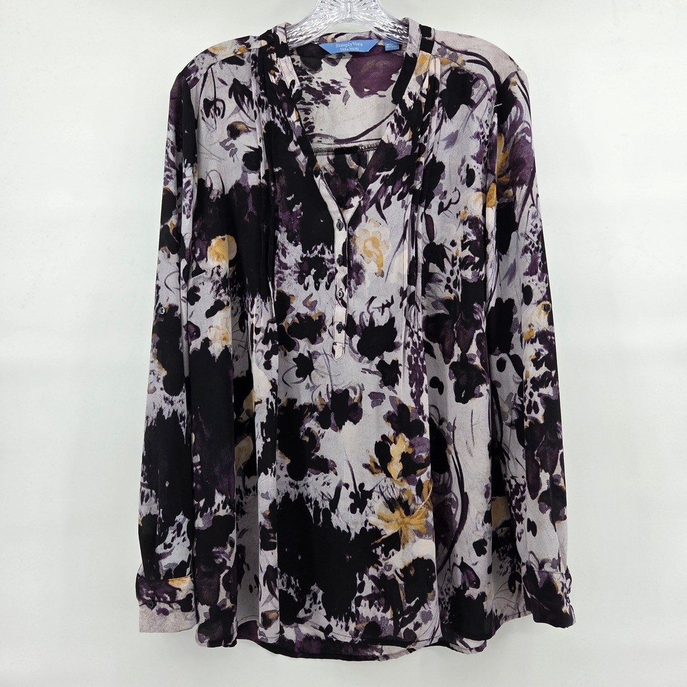 Simply Vera Vera Wang Blouse Large Purple Black‎ Floral Boho Art-Inspired
